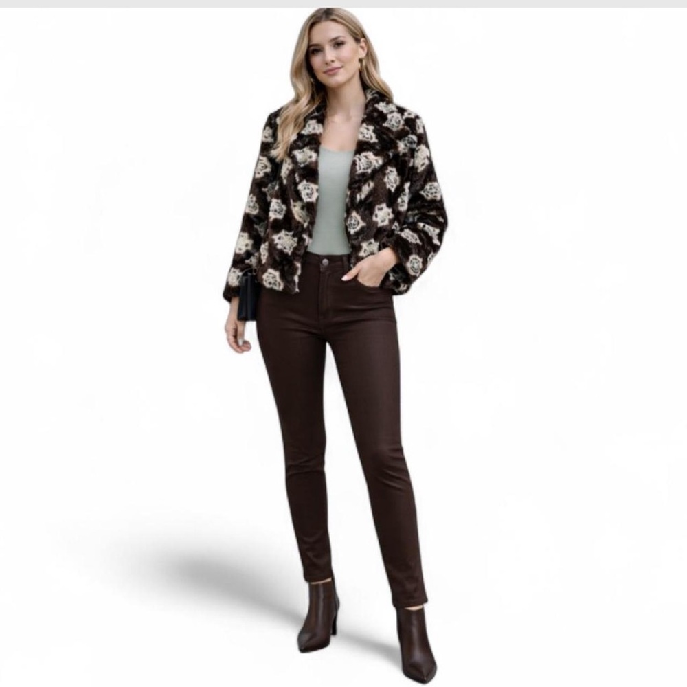 Brown Faux Fur Rose Pattern Jacket